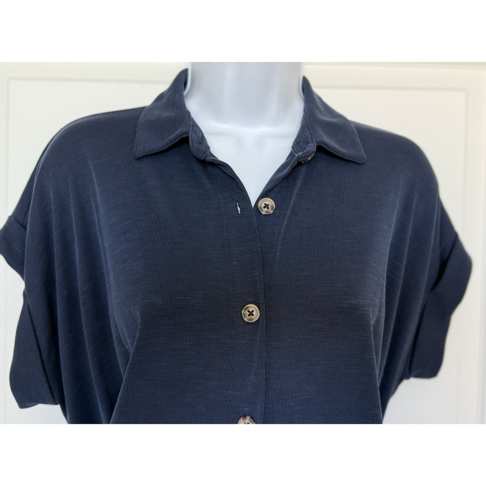 Ann Taylor LOFT Full Button Twist Tie Waist Stretch Shirt Midi Dress Navy Sz 10P - Picture 6 of 13